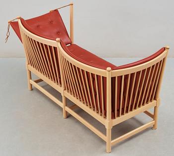 A Børge Mogensen beech and red brown leather sofa, Fritz Hansen 1996, model 1758.