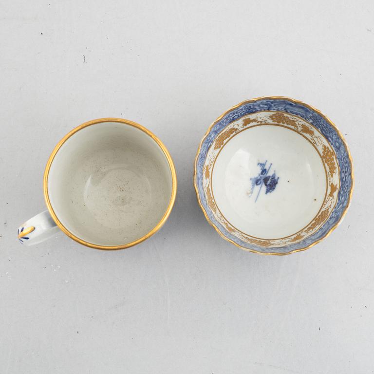 Three small porcelain plates and a cup with saucer, China, 18th century, and an English 19th century cup with saucer.