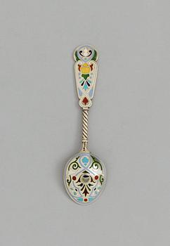 A RUSSIAN SILVER-GILT AND ENAMEL SPOON, makers mark of Petrovich Chlebnikov, Moscow 1908-1917.