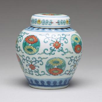 A Chinese doucai chrysanthemum medallion jar with cover, 20th Century, presumably republic.