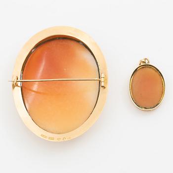 Brooch and pendant, 18K gold with shell cameos.