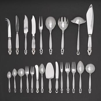 Johan Rohde, a set of 168 pcs of sterling and stainless steel "Acorn" flatware, Georg Jensen, Copenhagen post 1945.