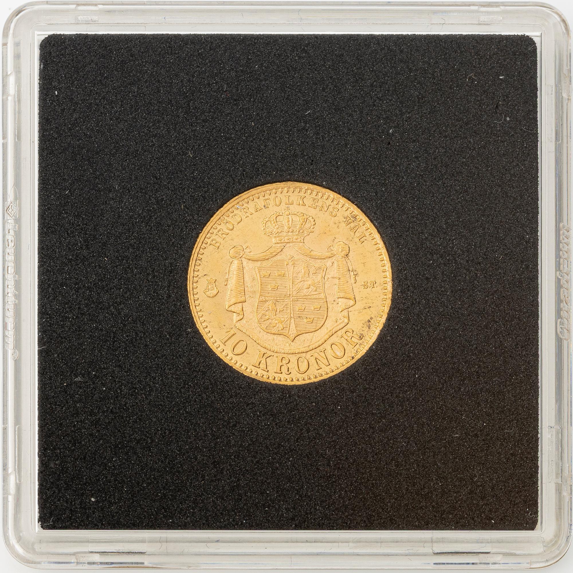 Gold coin, Oscar II, 10 kronor, type I, Sweden 1874.