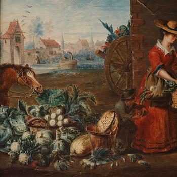 Pieter Angellis Attributed to, Market scenes after Frans Snyders; ”Der Obstmarkt”, ”Der Gemüsemarkt”, ”Der Wildbrethändler”, ”Der Fischmarkt”.