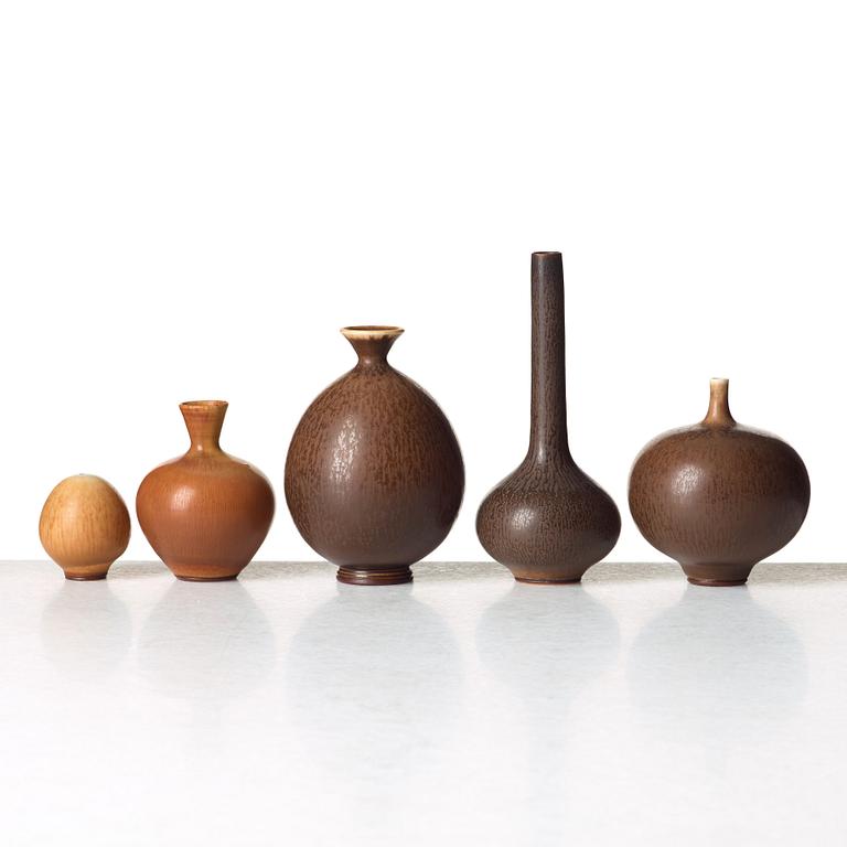 Berndt Friberg, a set of five stoneware vases, Gustavsberg studio, Sweden 1951-69.