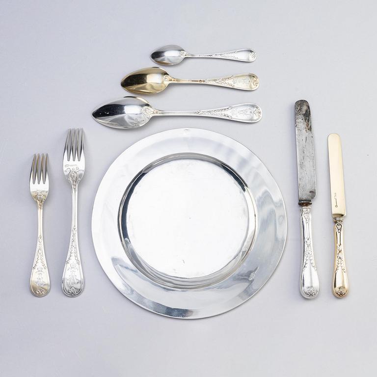 An Imperial Silver Dinner-service, 6 plates and 42 pieces of cutlery, mark of Grachev, St.Petersburg 1882-83 and Sazikov.