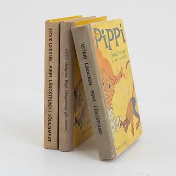 Böcker, 3 st, Astrid Lindgren, Pippi Långstrump, Först upplagor, Rabén & Sjögren, Stockholm, 1945-48.
