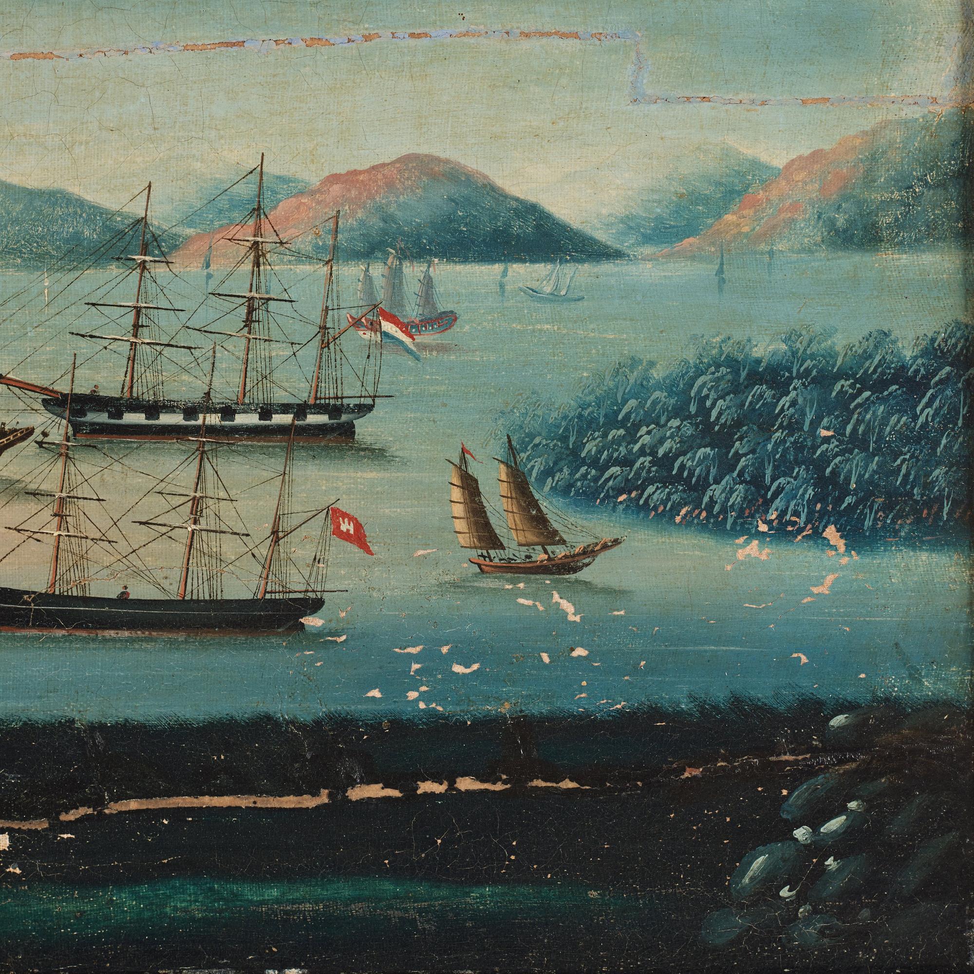 A oil painting of Whampoa Anchorage, Chinese School, Qing dynasty, 19th Century.
