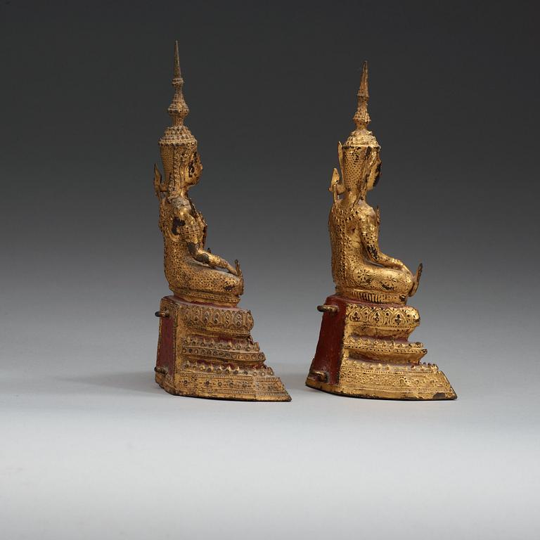 Two gilt bronze Buddhas, Thailand circa 1900.