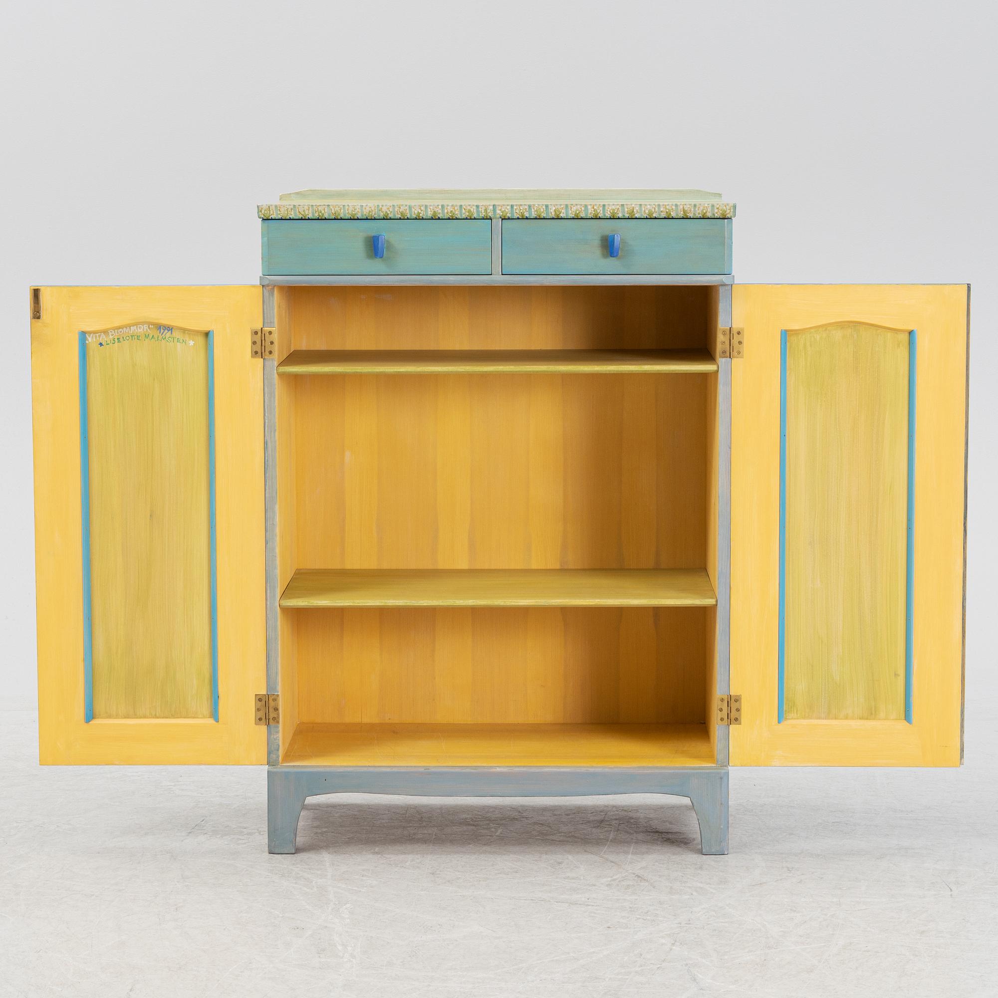 A 'Vita blommorna' cabinet/sideboard, painted by Liselott Malmsten, Firma Carl Malmsten, 1991.