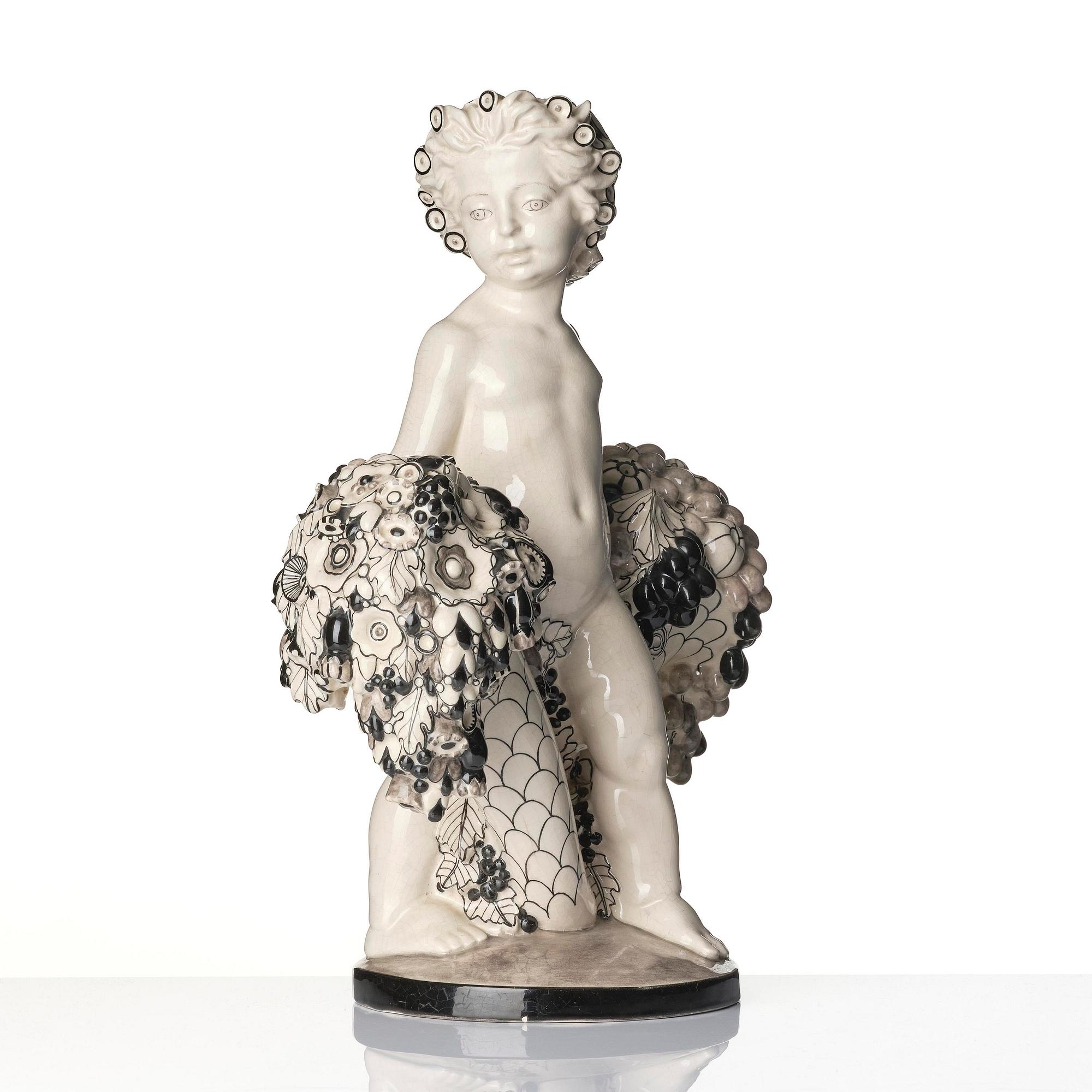 Bertold Löffler, a ceramic sculpture of a putto with cornucopia, model 156, Wiener Keramik, Vienna, Austria, 1908- 1912.