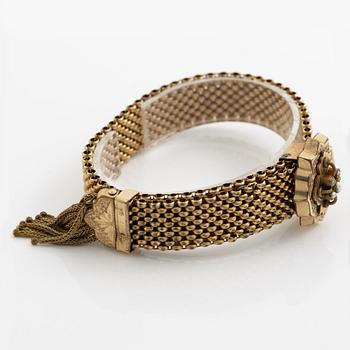 Bracelet and pendant/brooch, gilded possibly silver, with pearls 19th century.