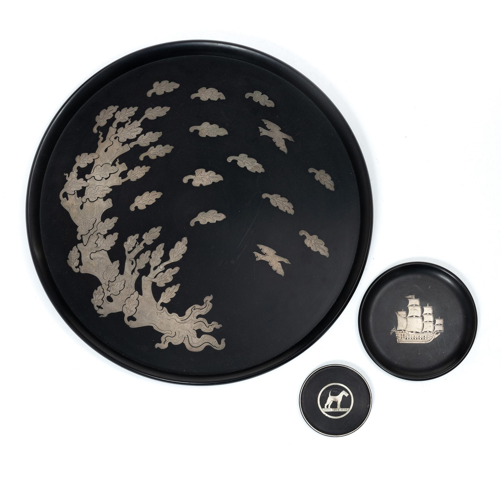 Brickor och coaster, 3 delar, bakelit och silver, Perstorp Ab 1960-tal.