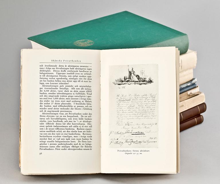 PARTI BÖCKER, 9 st, bankväsende, bla "Skånska Privatbanken-en minnesskrift" Stockholm 1931.