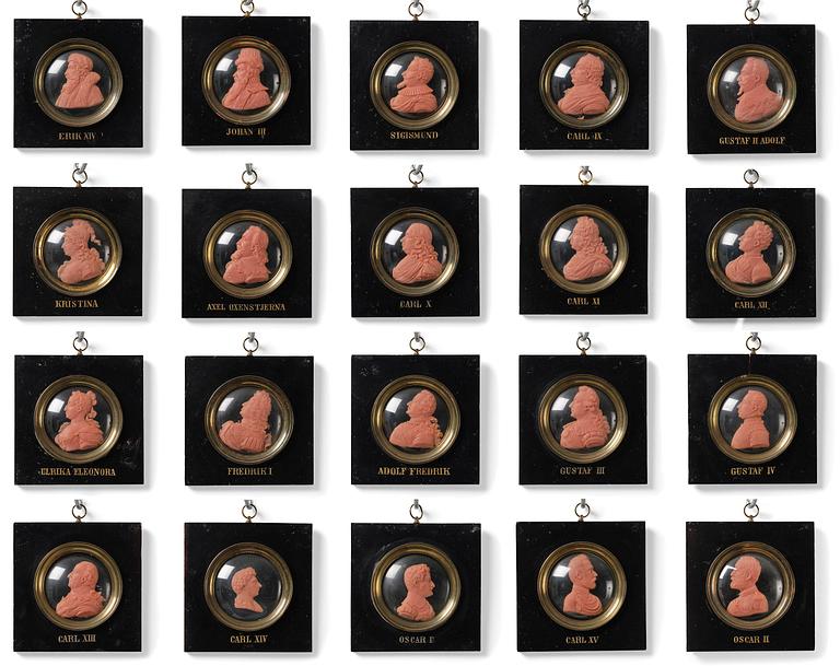 A set of twenty wax portraits of Swedish monarchs, late 19th century.