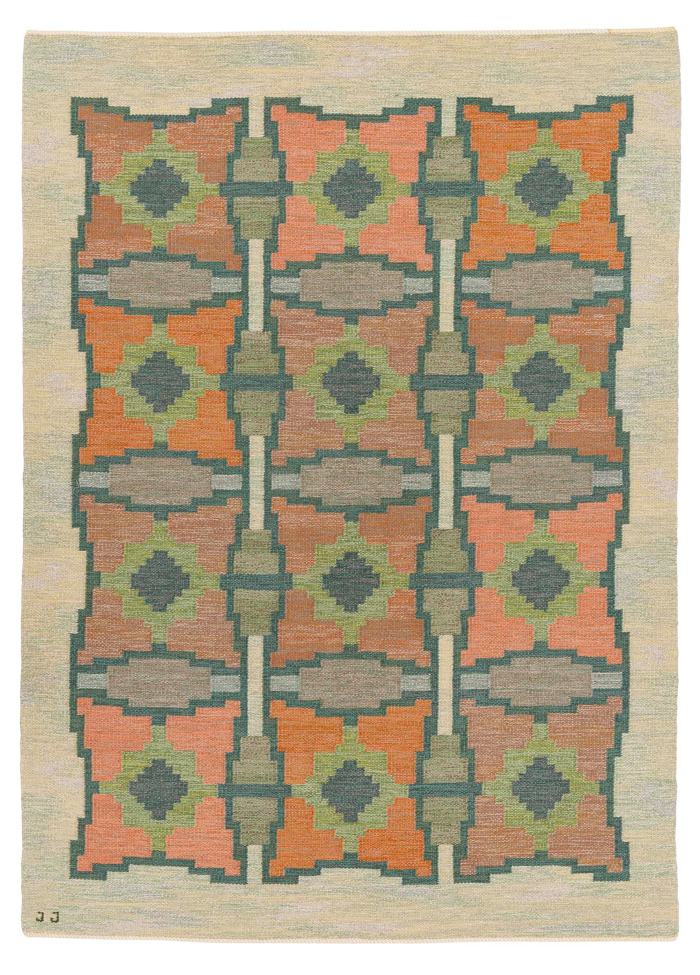 Judith Johansson, a carpet, 'Pors' flat weave, c. 265 x 192 cm, signed JJ.