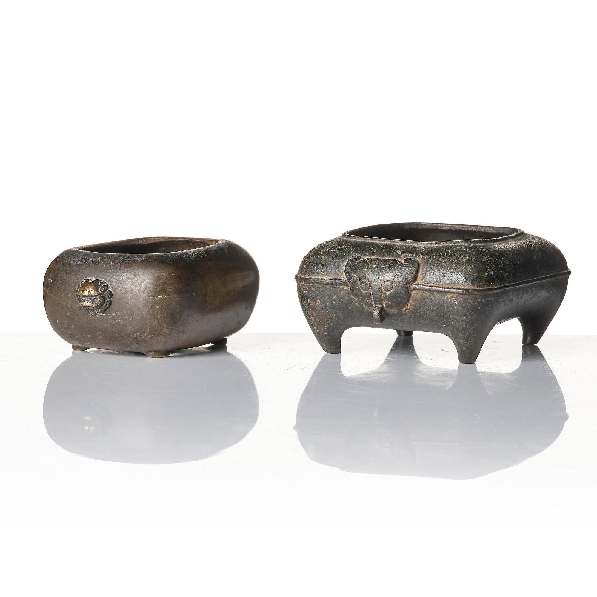A group of three bronze vessels, Ming dynasty and older.