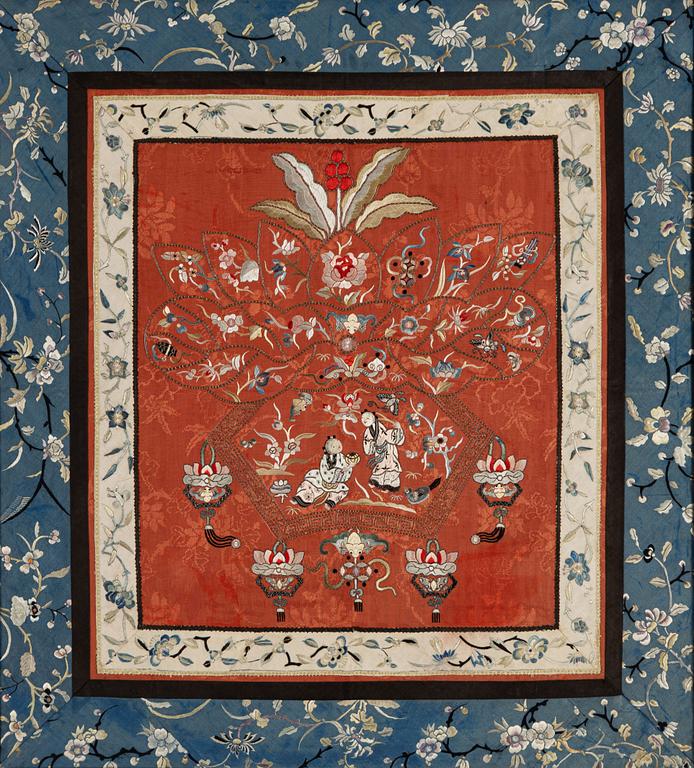 A Chinese silk embroidery. Qing dynasty.