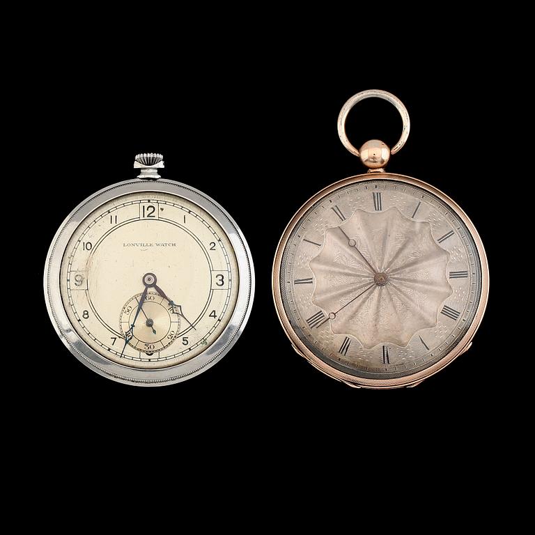 FICKUR, 2 st, en doublé och en metall, en märkt Lonville Watch, 1800-/1900-tal.