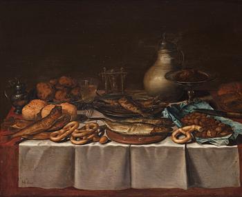 Pieter Claesz Circle of, Still life with fish, bread and jars.