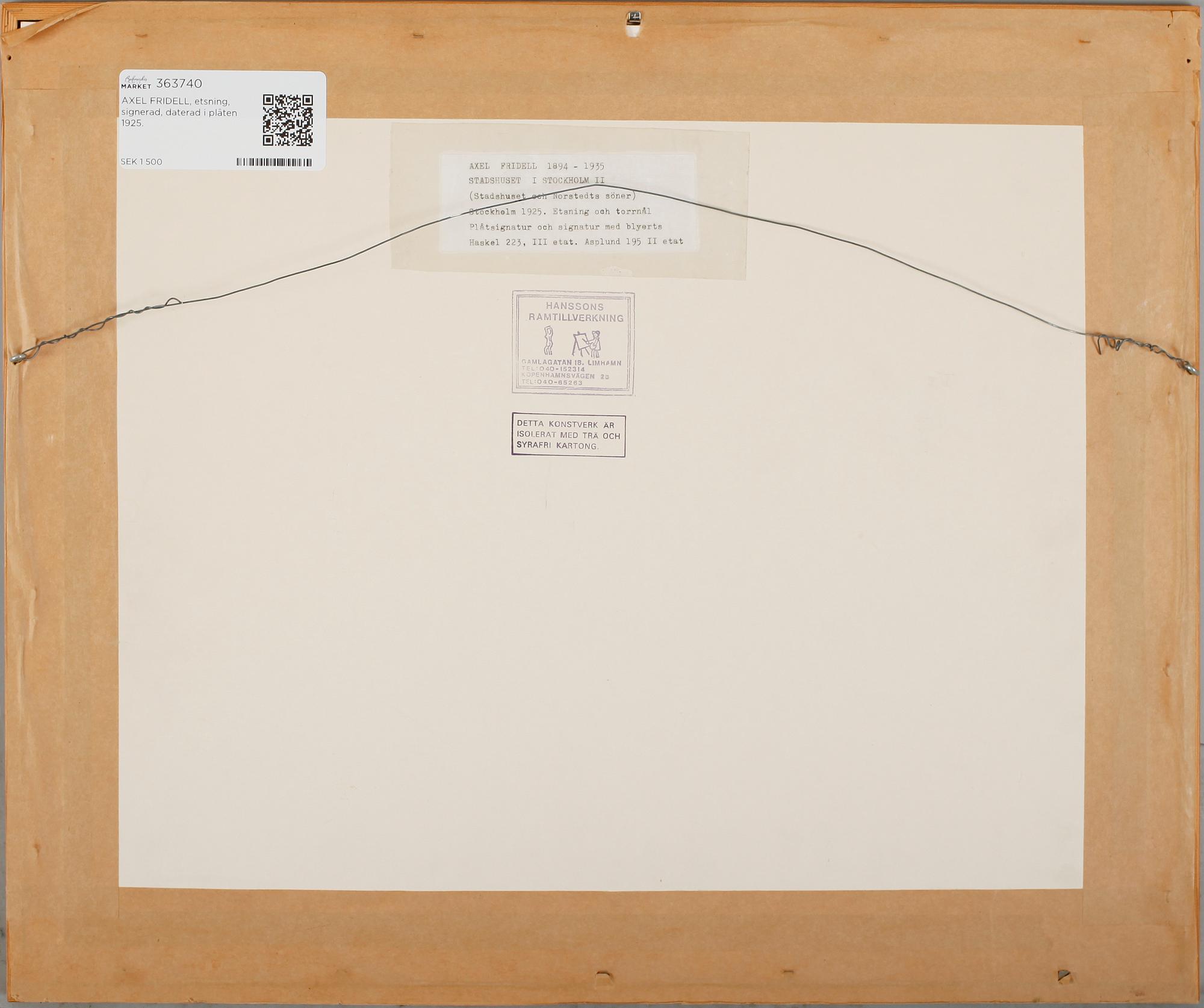 AXEL FRIDELL, etsning, signerad, daterad i plåten 1925.