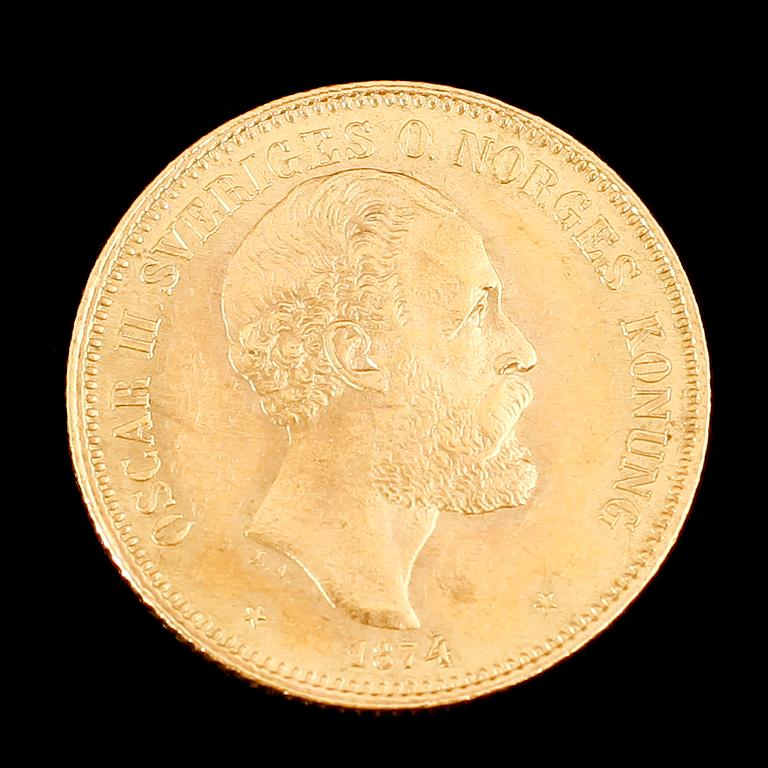 GULDMYNT, 20 kr, Oscar II, 1874. Vikt ca 9 gram.