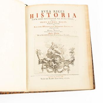 Books, four volumes,'Svea Rikes Historia', Olof Dalin, Lars Salvius, Stockholm, 1747-62.