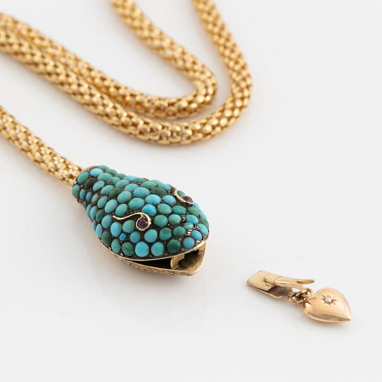 Collier guld i form av orm med turkoser och rubiner.