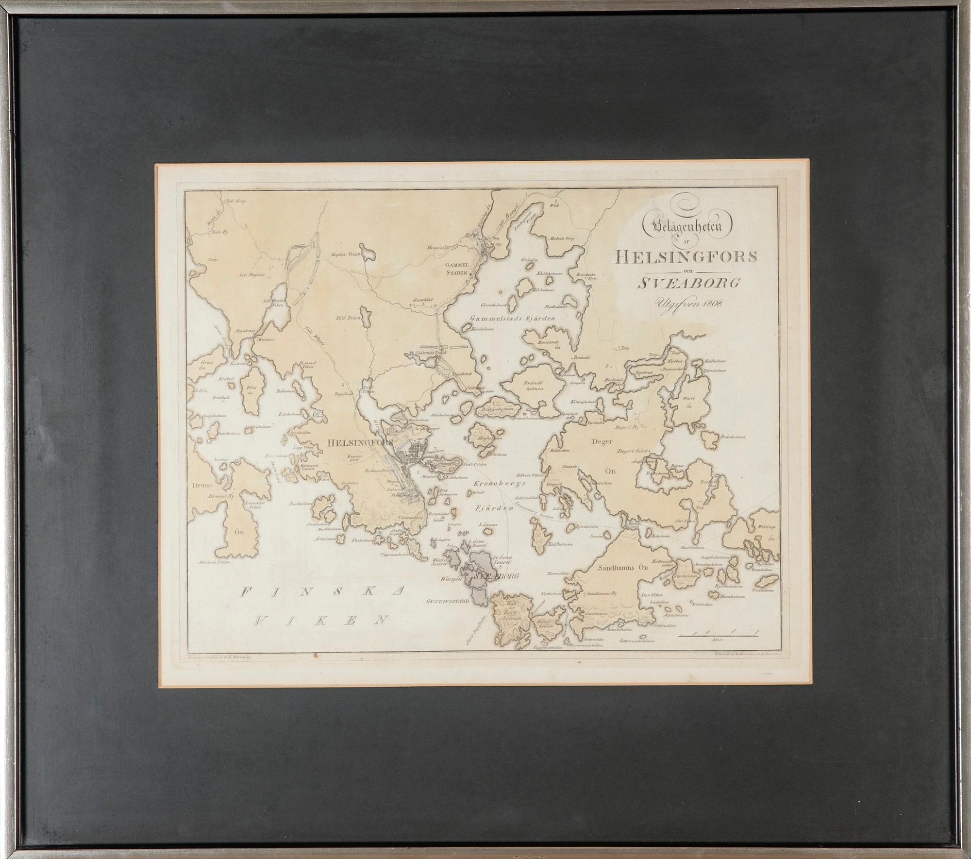 KARTA, Helsingfors och Sveaborg Utifven 1808, graverad af E. Åkerland och E. Personne.