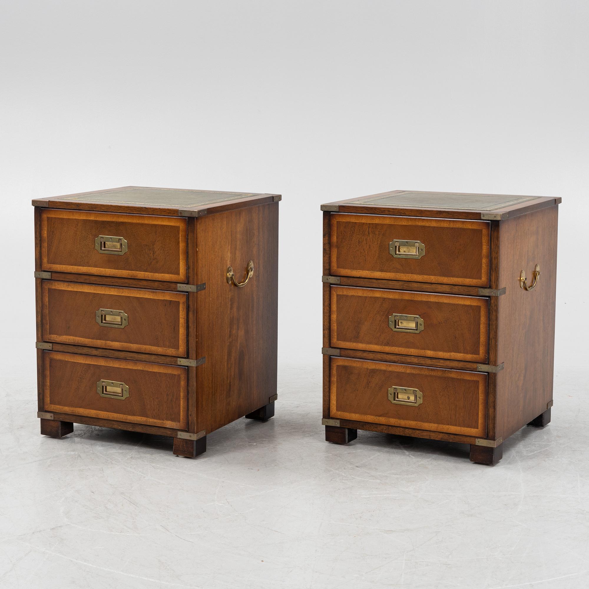 A pair of mahogany veneered bedside tables, N.Norman LTD, London, England, second half of the 20th century.
