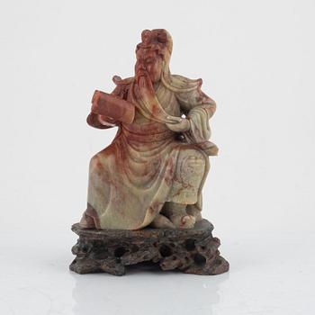 A Chinese Soapstone sculpture of the warrior god Guandi, Qing dynasty, 19th century.