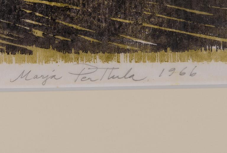 MARJA PERTTULA, puupiirros, signeerattu, päivätty 1966 ja numeroitu III 2/4. Taiteilijan vedos.