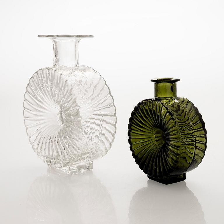 Helena Tynell, two glass 'Sun bottle' bottles for Riihimäen Lasi Oy. In production 1964-1974.