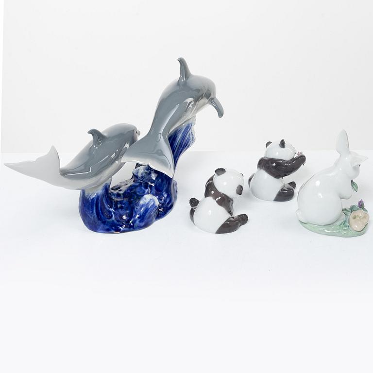 Lladró, 4 figurines, "The Chinese Zodiac": "A happy panda", "A cheerful panda", "The Rabbit", "Dance of the Dolphins".