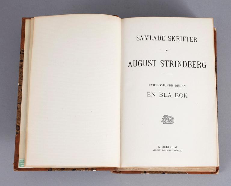 BOKBAND, 35 st, 55 volymer, August Strindbergs samlade skrifter, Albert Bonniers förlag, Stockholm, 1912-1920.