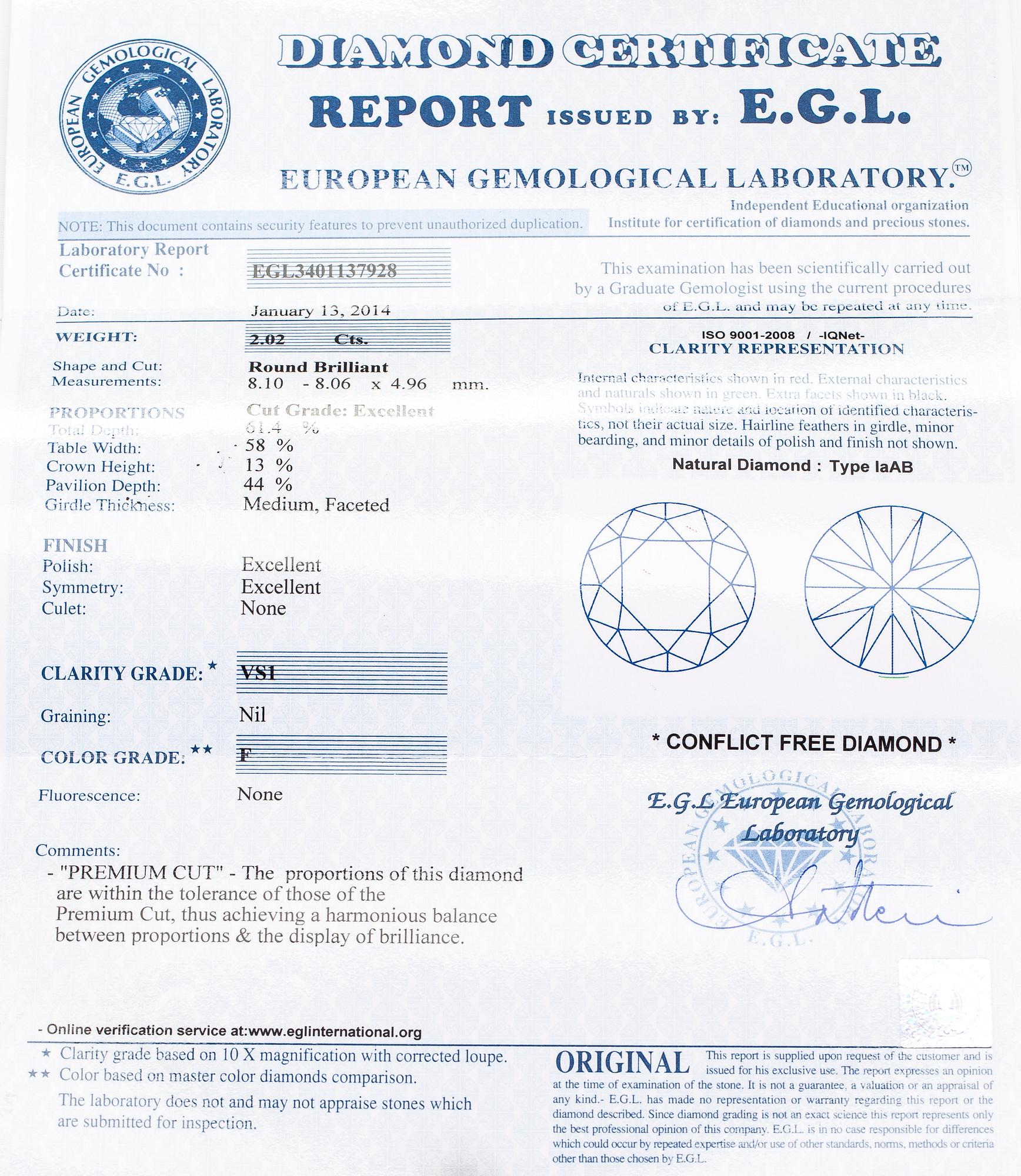 A platinum ring, set with a brilliant-cut diamond approximately 2.02 ct. With certificate.