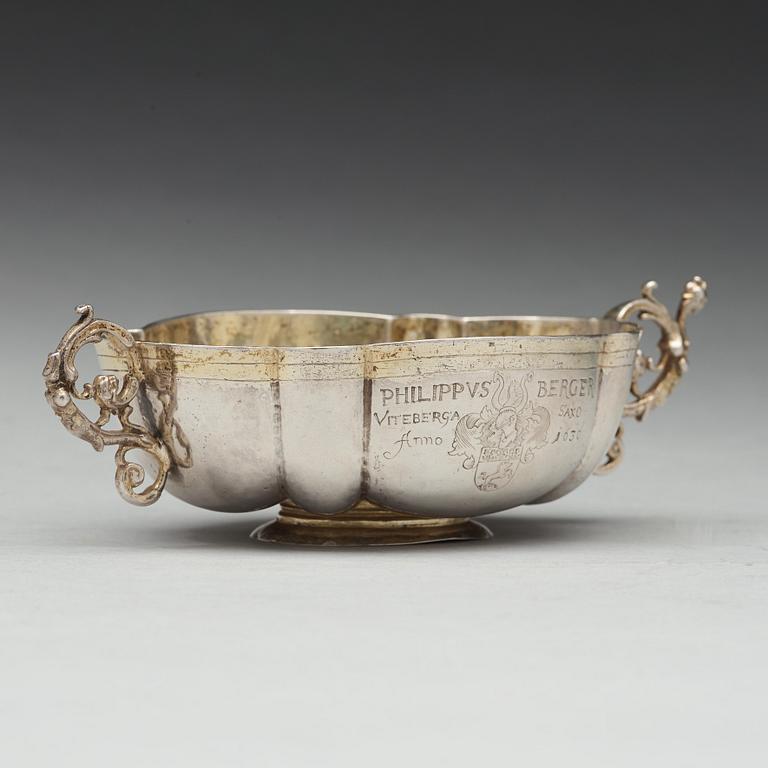 A German 17th century parcel-gilt silver brandy-bowl, unmarked, dated 1636.