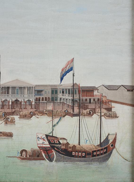 A Chinese Export painting of the Hongs of Canton, Qing dynasty, 18th century.