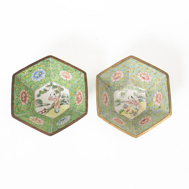 A set of six Chinese enamel on copper bowls and a dish, Qing dynasty and 20th century.