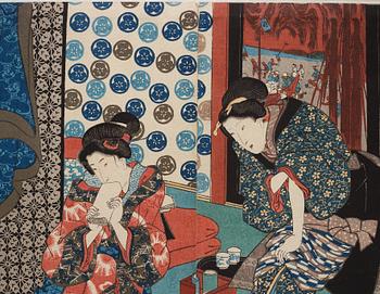 UTAGAWA KUNISADA, även kallad Toyokuni III (1786-1864), triptyk, färgträsnitt. Japan, Eight Views of Edo Figures".