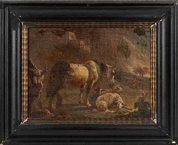 Philipp Peter Roos, his circle, a couple, landscape with horses, goats, and cows.