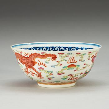 An underglaze blue and famille rose bowl, Republic with Guangxus six character mark.