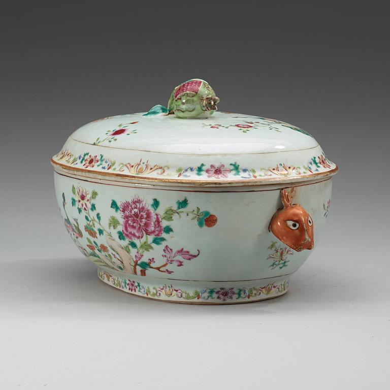 A large famille rose 'double peacock' tureen with cover and stand, Qing dynasty, Qianlong (1736-95).