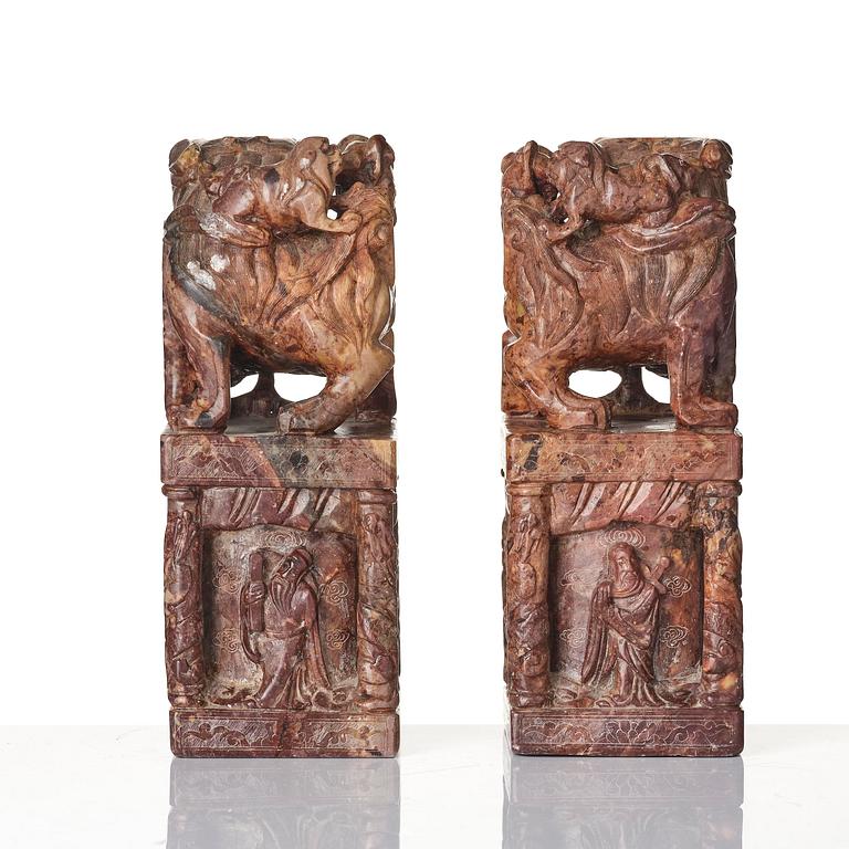 A pair of large soapstone seal stamps, late Qing dynasty/circa 1900.