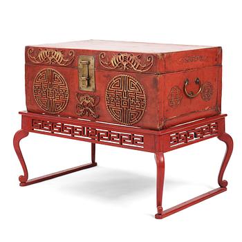 1021. A red lacquered chest on a later stand, late Qing dynasty, 19th Century.