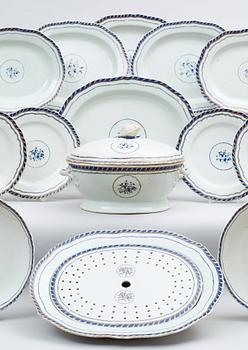 An underglaze blue and gold dinner service, Qing dynasty, Jiaqing (1796-1820). (101 pieces).