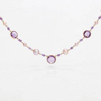 An 18K rose gold necklace, with amethysts and cultured pearls. Italy.