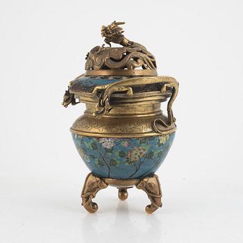 A Chinese cloisonné and bronze tripod censer, late Qing dynasty.