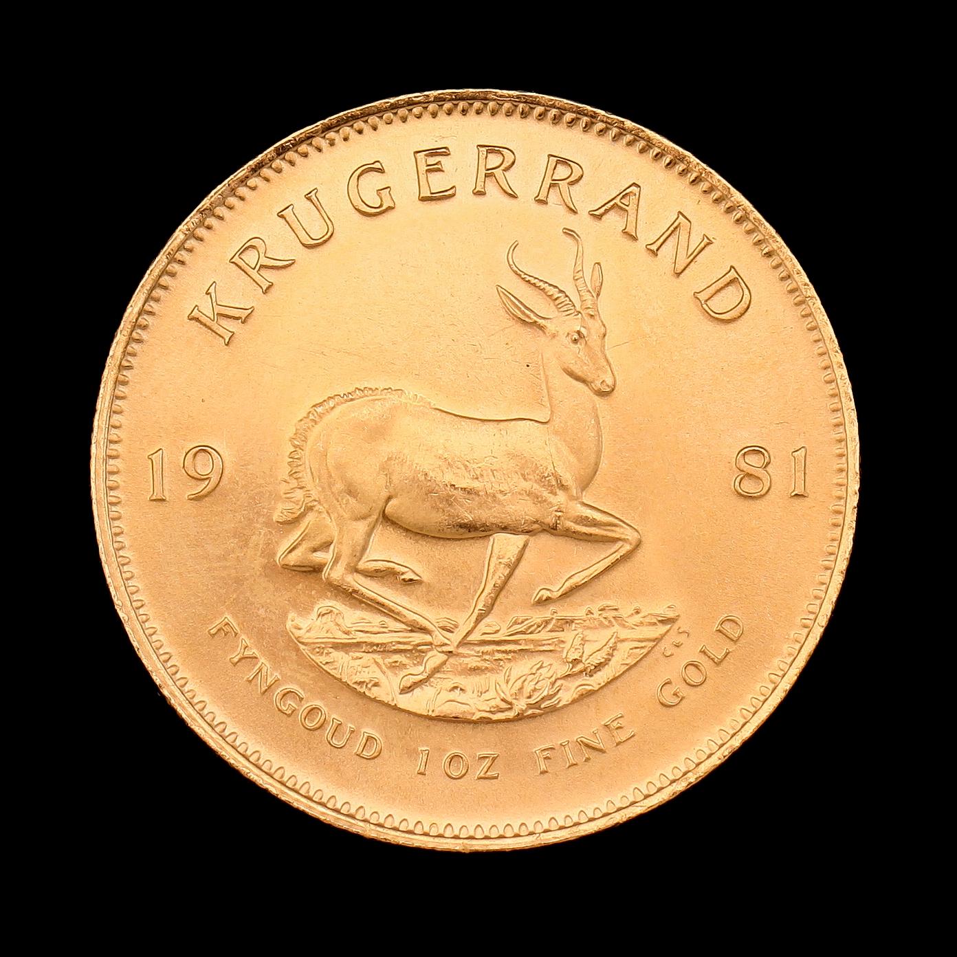 GULDMYNT, finguld, Krugerrand, Sydafrika, 1981. Vikt ca 34 g.