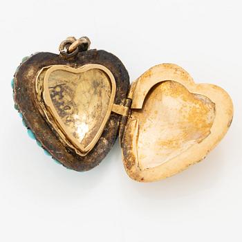 Häng/medaljong 18K guld med turkos och rosenslipade diamanter, 1800-tal.
